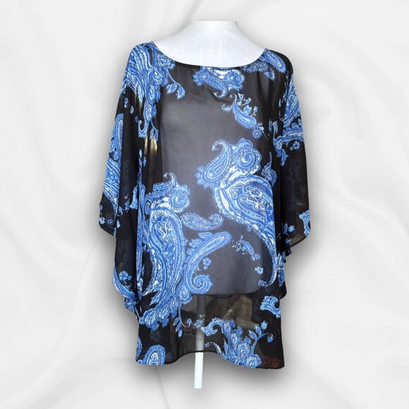 INC Black & Blue Sheer Paisley Kimono Style Top 22W - Flowy Career Whimsical - Picture 1 of 7